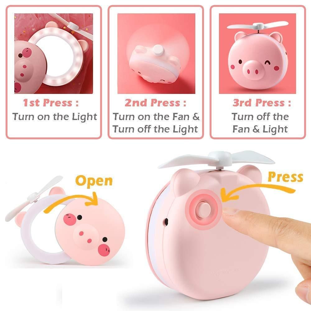 Cartoon Pig LED Mirror Pocket Fan – Rechargeable & Portable