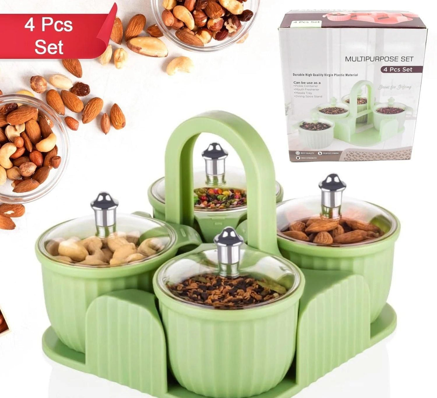 Multipurpose 4-Piece Storage Jar Set with Tray | Kitchen Spice & Condiment Organizer