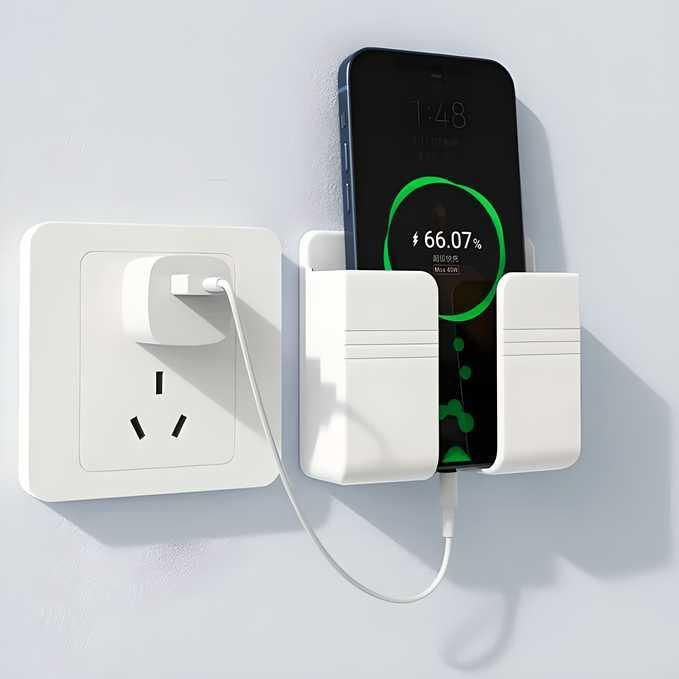 Wall Mounted Mobile Holder with Adhesive Strips & Charging Slot