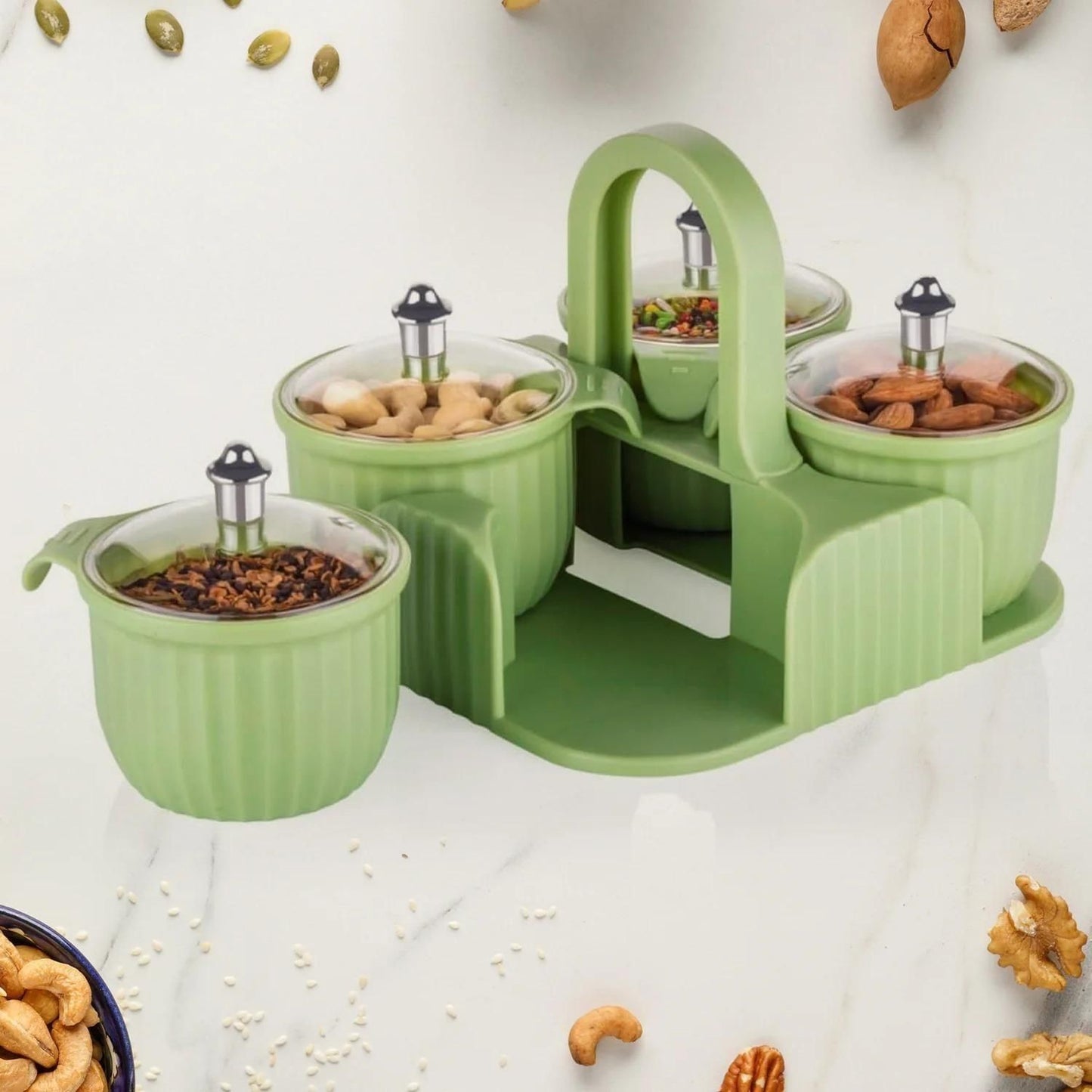 Multipurpose 4-Piece Storage Jar Set with Tray | Kitchen Spice & Condiment Organizer