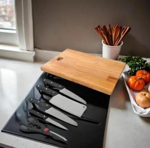 Wooden Chopping Board with 5-Piece Knife Set | Kitchen Cutting & Prep Tools