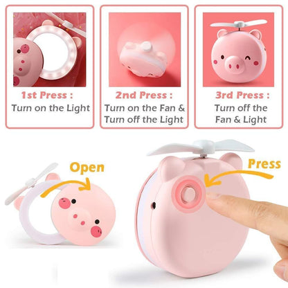 Cartoon Pig LED Mirror Pocket Fan – Rechargeable & Portable